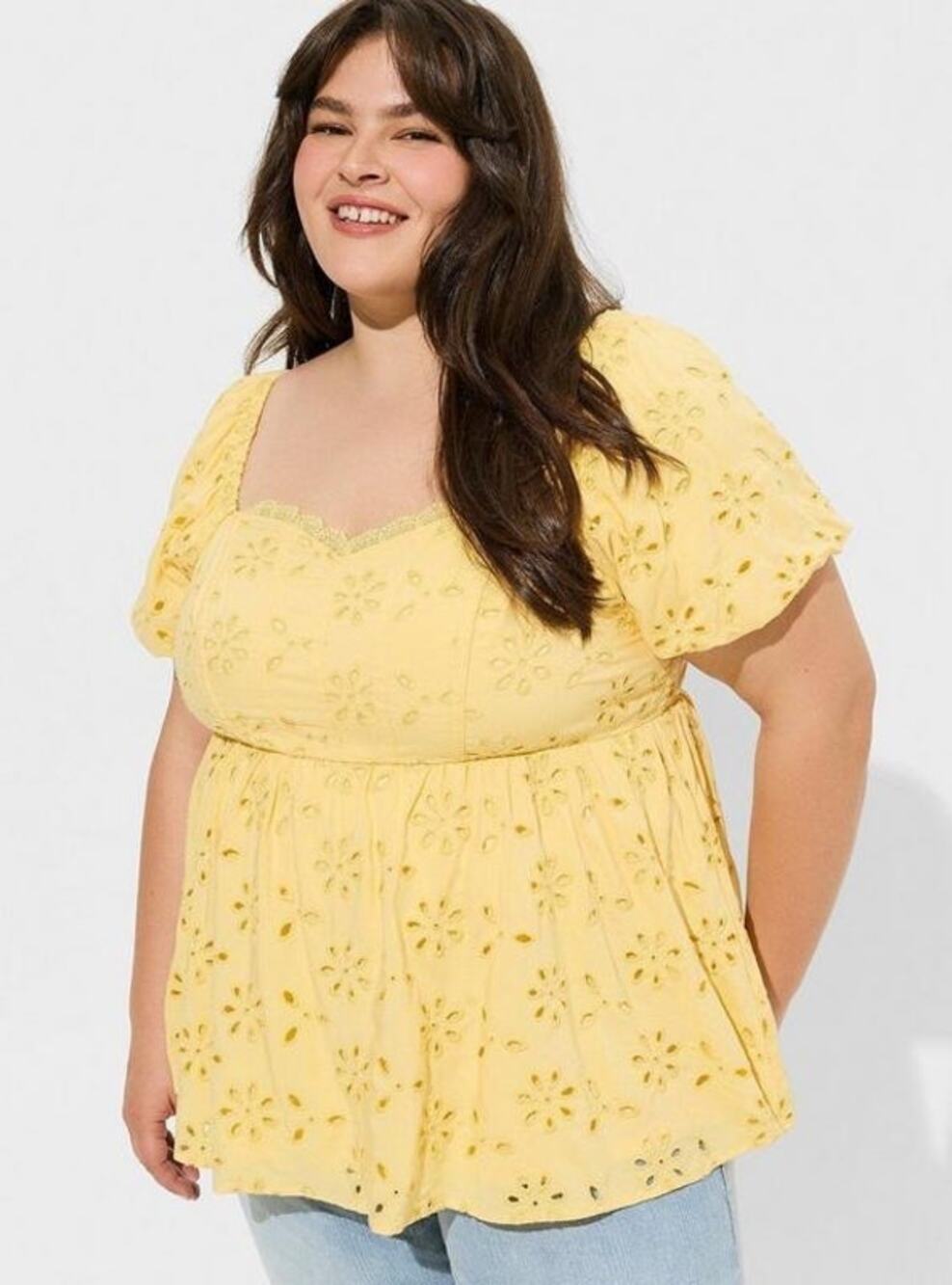 Torrid Yellow Floral Eyelet Babydoll Blouse Plus Size 6X Cottagecore Whimsy